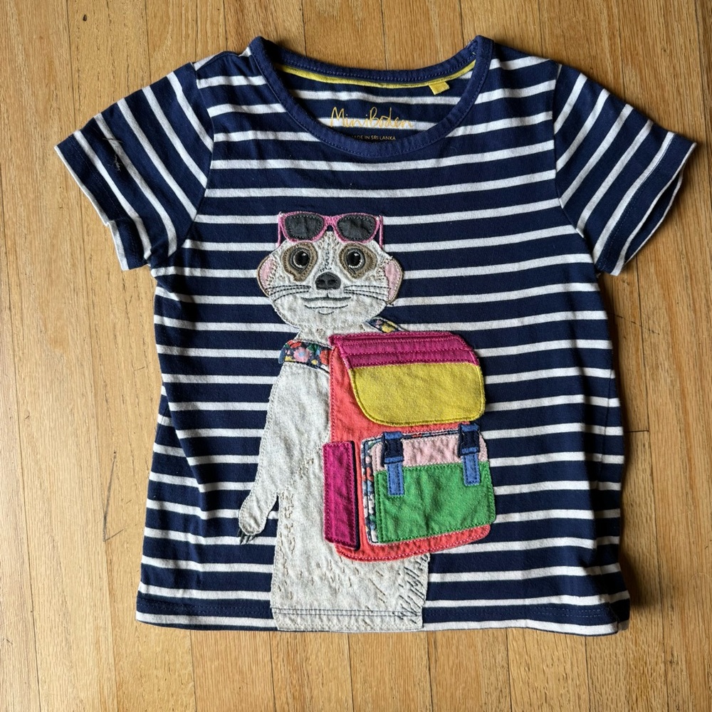 Mini Boden Navy Striped Kids Shirt with Meerkat Design